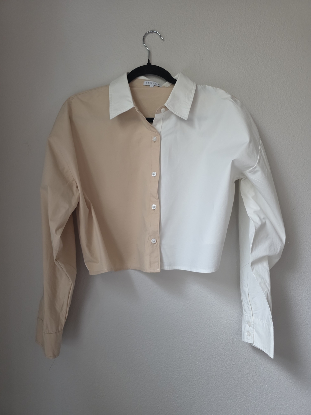 Two-Tone Beige & White Cropped Button-Up Shirt